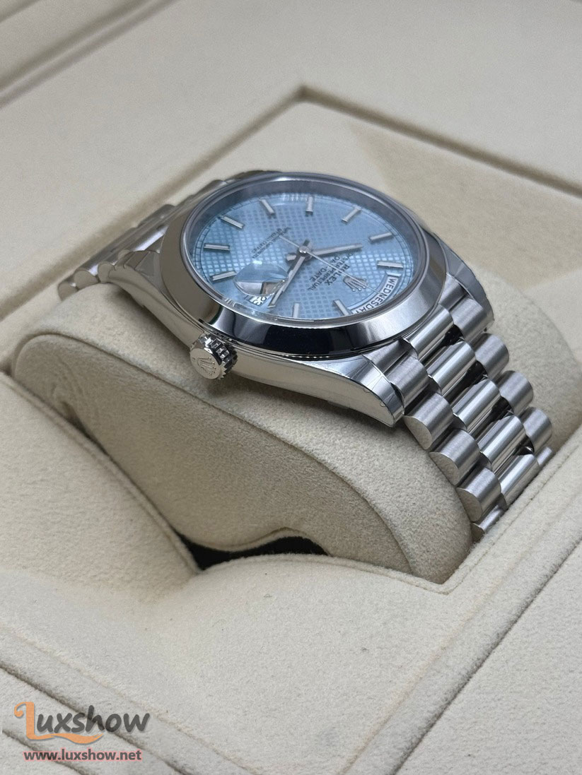 Rolex Day-Date 40mm 228206 with Presidential Bracelet Crafted in Platinum and an Ice Blue Motif Dial
