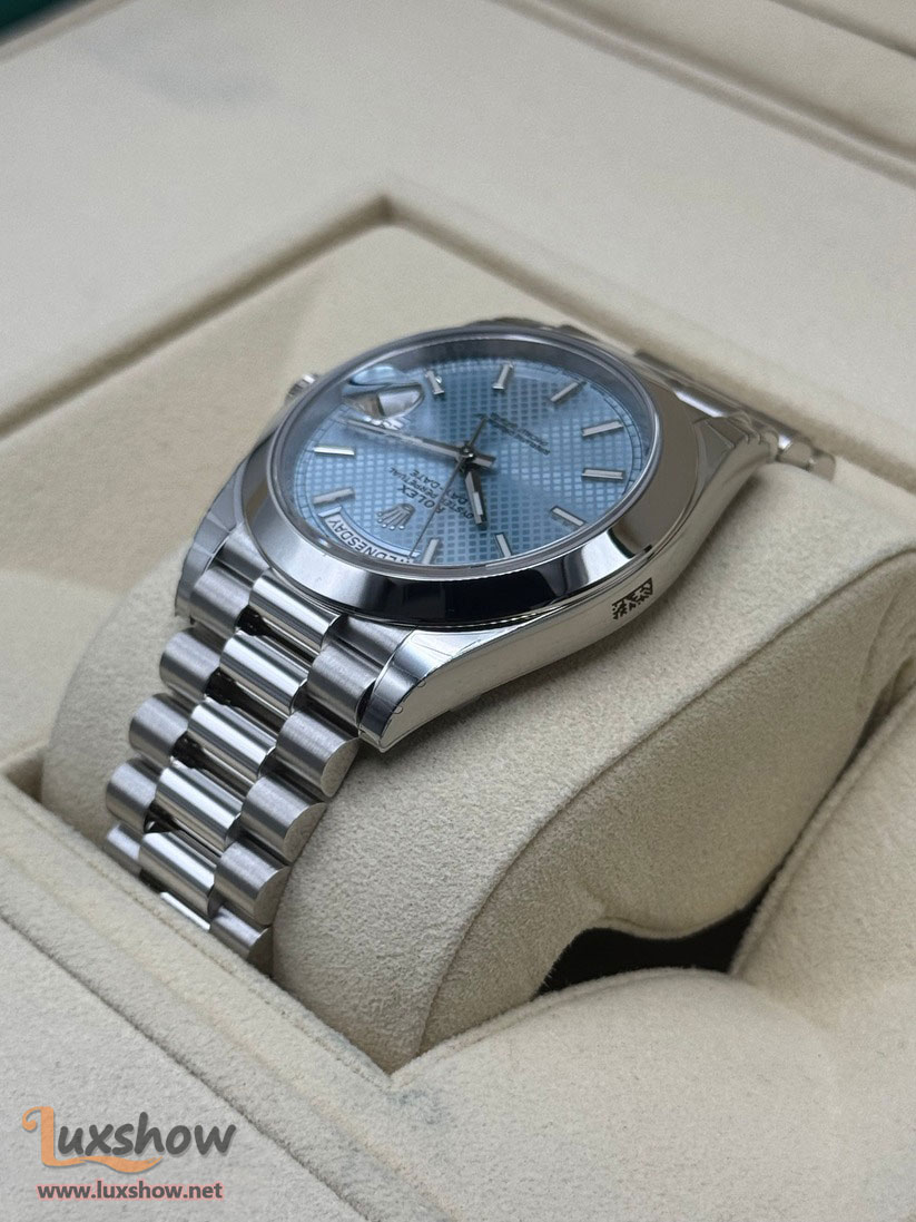 Rolex Day-Date 40mm 228206 with Presidential Bracelet Crafted in Platinum and an Ice Blue Motif Dial