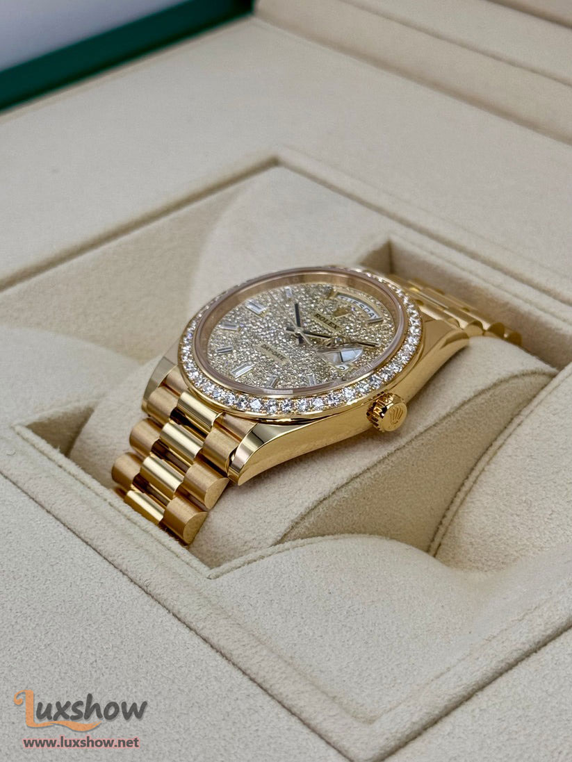 Rolex Day-Date 40mm 228348RBR Presidential Bracelet 18k Yellow Gold with Diamond Set Bezel and Diamond-Paved Dial with 10 baguette-cut diamond hour markers