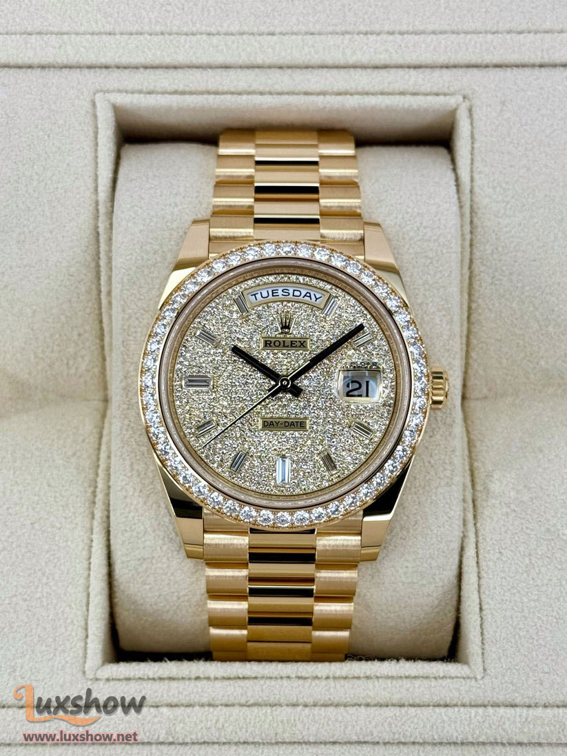 Rolex Day-Date 40mm 228348RBR Presidential Bracelet 18k Yellow Gold with Diamond Set Bezel and Diamond-Paved Dial with 10 baguette-cut diamond hour markers