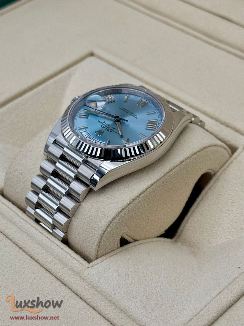 Rolex Day-Date Platinum 40mm 228236 Fluted Bezel President Bracelet Ice Blue Roman Numeral Dial