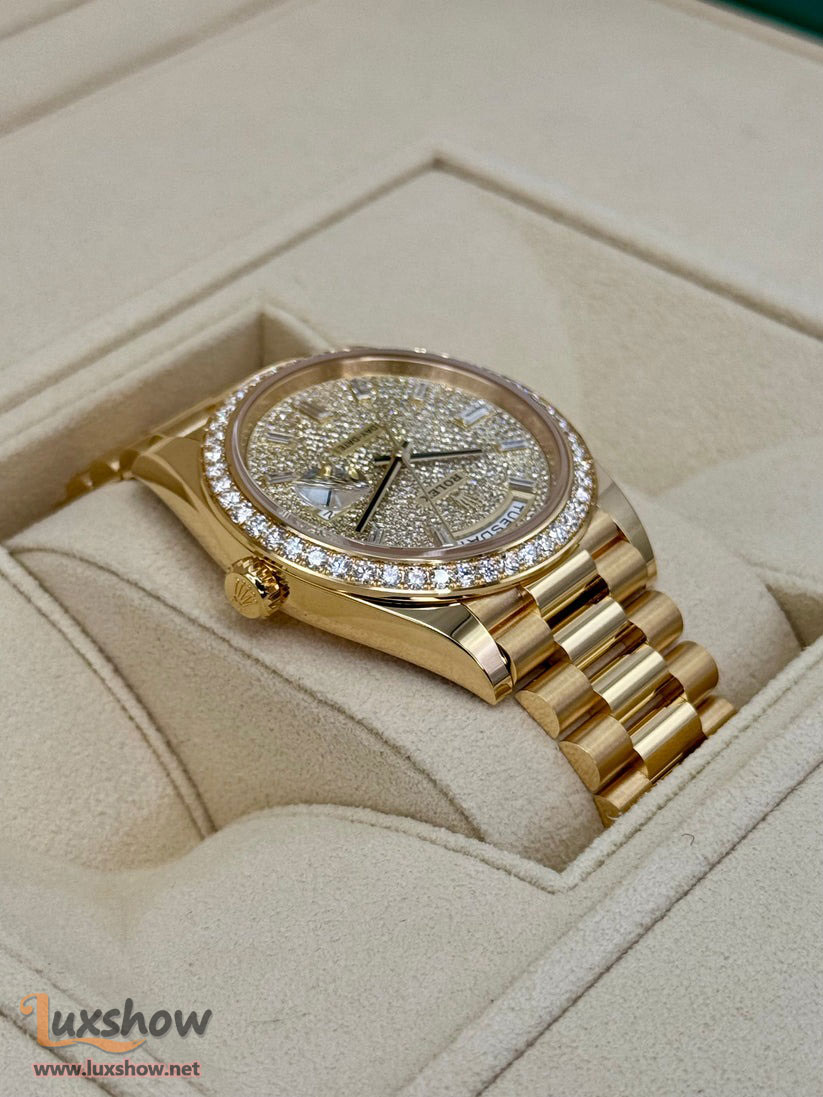 Rolex Day-Date 40mm 228348RBR Presidential Bracelet 18k Yellow Gold with Diamond Set Bezel and Diamond-Paved Dial with 10 baguette-cut diamond hour markers