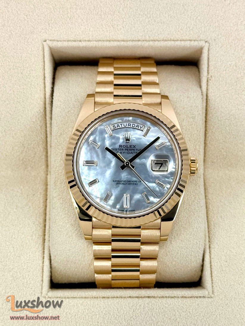 Rolex Day-Date 40mm 228238 Presidential Bracelet 18k Yellow Gold Gold Mother Of Pearl Diamond Baguette Dial