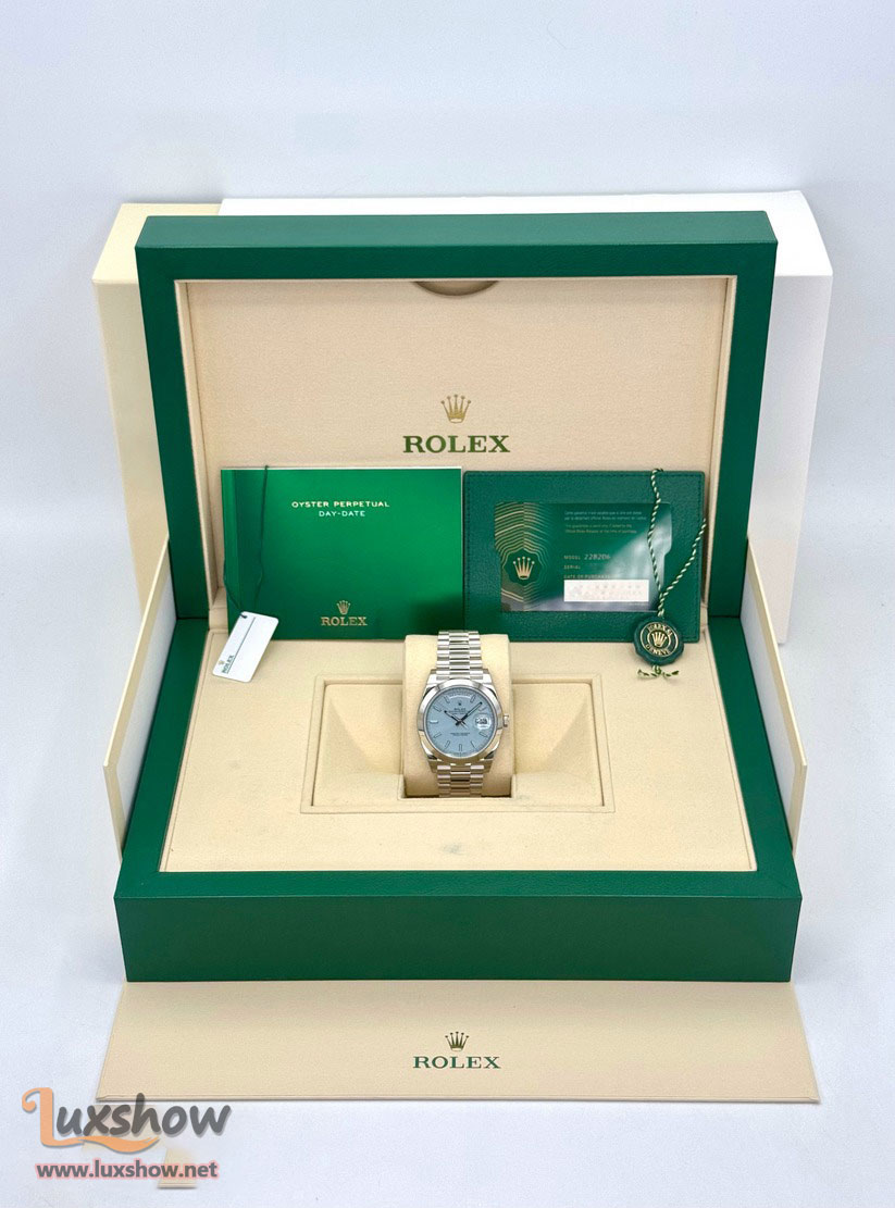 Rolex Day-Date 40mm 228206 with Presidential Bracelet Crafted in Platinum and an Ice Blue Motif Dial