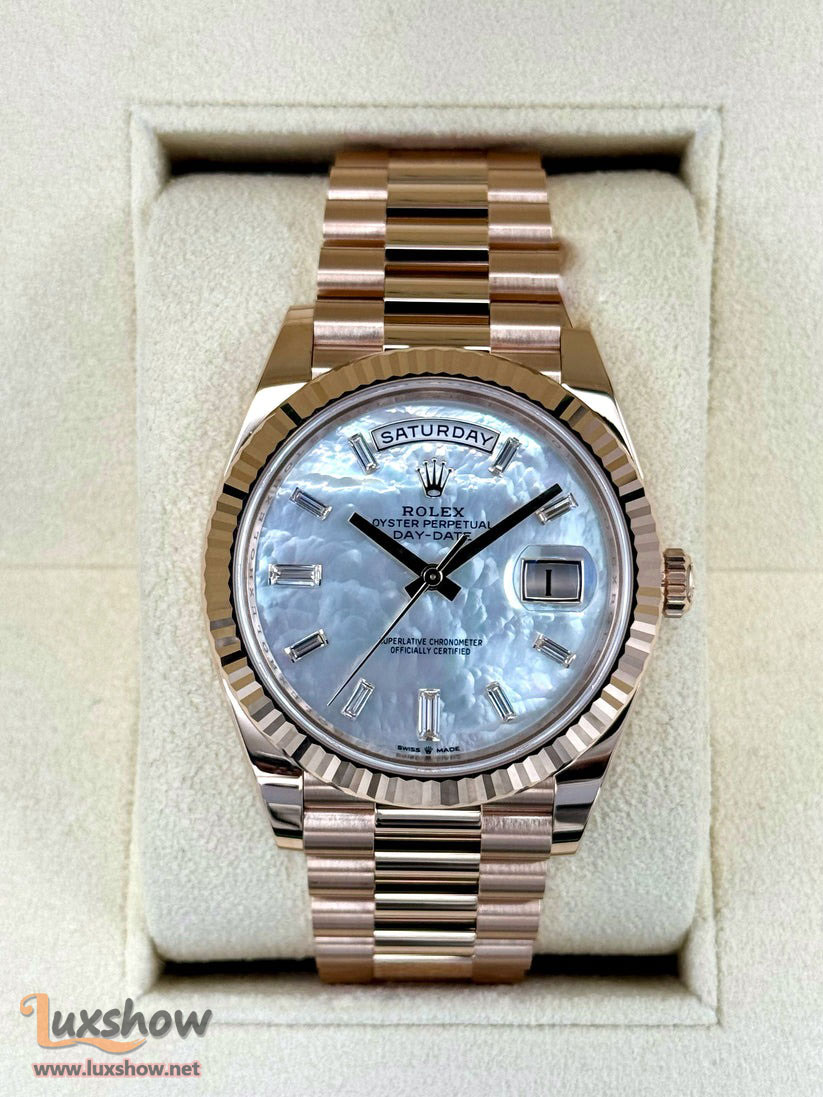 Rolex Day-Date 40mm 228235 Presidential Bracelet 18 kt Everose Gold Mother Of Pearl (MOP) Diamond Baguette Dial