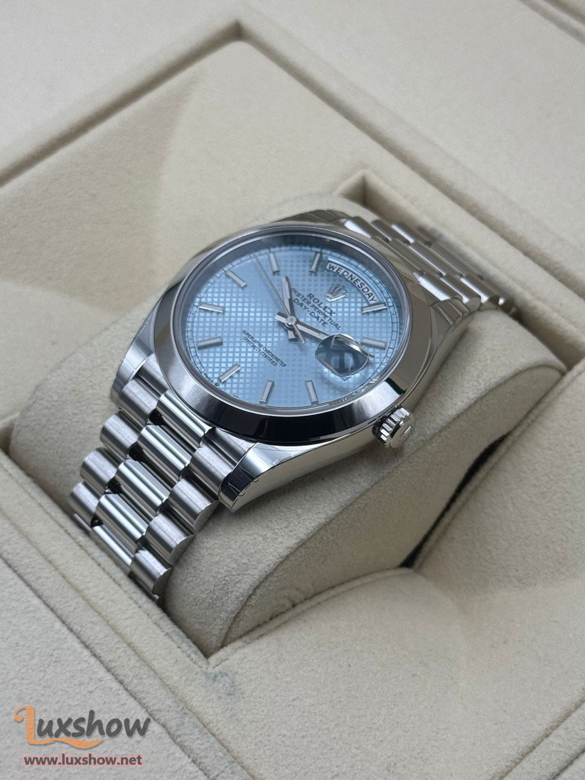 Rolex Day-Date 40mm 228206 with Presidential Bracelet Crafted in Platinum and an Ice Blue Motif Dial