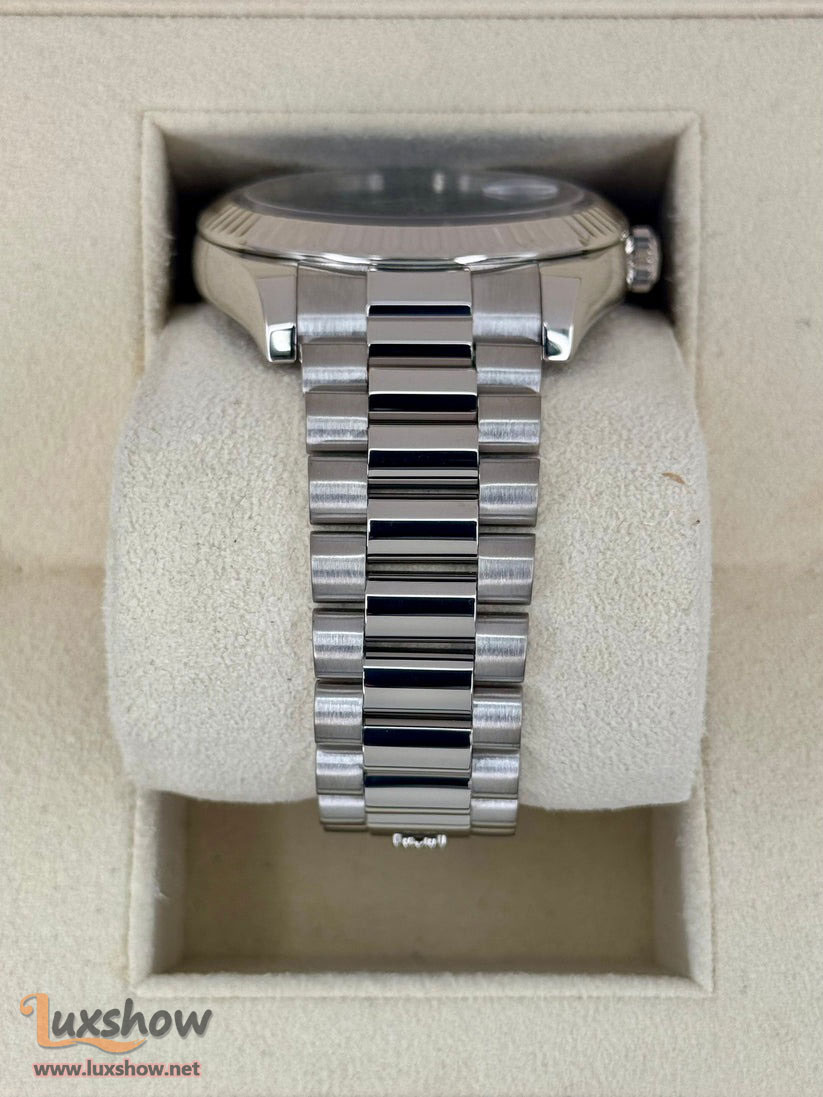 Rolex Day-Date II 41mm 218239 18 kt White Gold with 18kt White Gold Fluted Bezel and Presidential Bracelet with Black Roman Numeral Dial