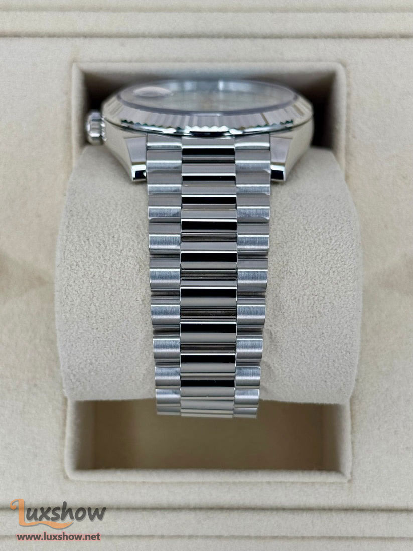 Rolex Day-Date Platinum 40mm 228236 Fluted Bezel President Bracelet Ice Blue Roman Numeral Dial