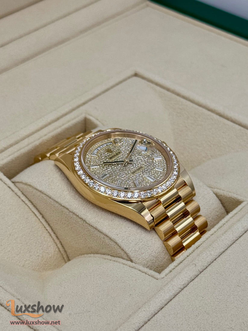 Rolex Day-Date 40mm 228348RBR Presidential Bracelet 18k Yellow Gold with Diamond Set Bezel and Diamond-Paved Dial with 10 baguette-cut diamond hour markers