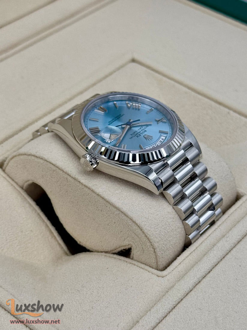 Rolex Day-Date Platinum 40mm 228236 Fluted Bezel President Bracelet Ice Blue Roman Numeral Dial
