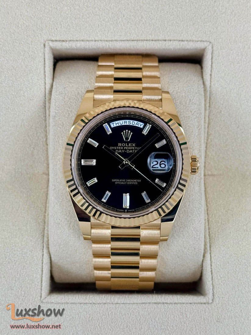 Rolex Day-Date 40mm 228238 Presidential 18kt Yellow Gold Bright Black Diamond Baguette Dial
