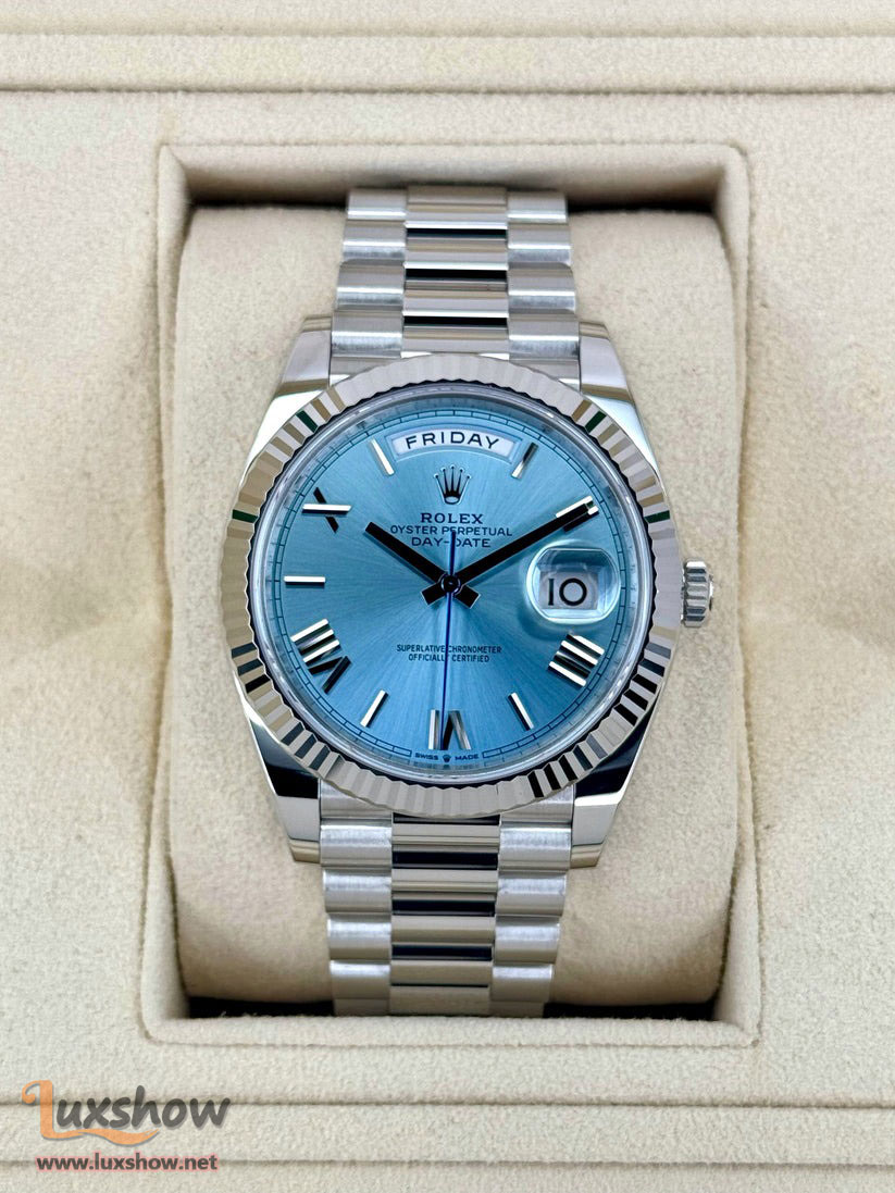 Rolex Day-Date Platinum 40mm 228236 Fluted Bezel President Bracelet Ice Blue Roman Numeral Dial