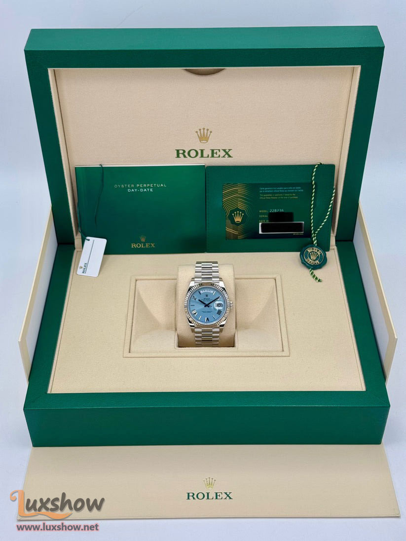 Rolex Day-Date Platinum 40mm 228236 Fluted Bezel President Bracelet Ice Blue Roman Numeral Dial