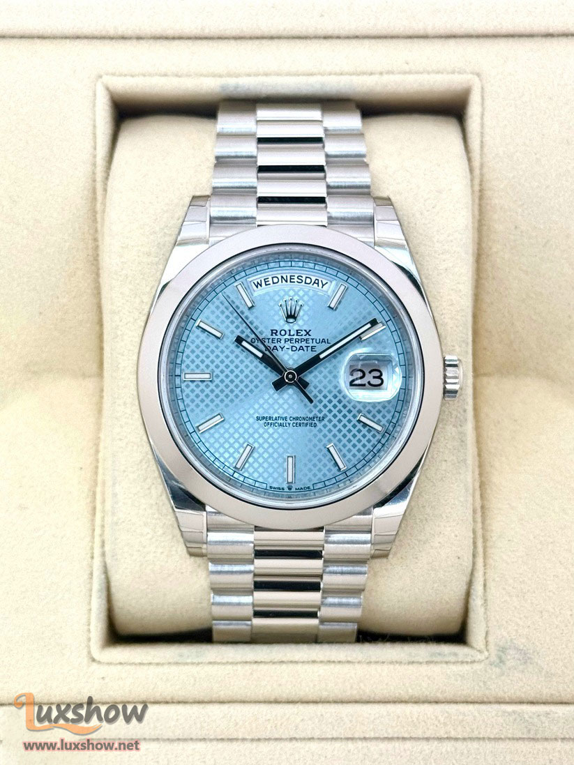 Rolex Day-Date 40mm 228206 with Presidential Bracelet Crafted in Platinum and an Ice Blue Motif Dial