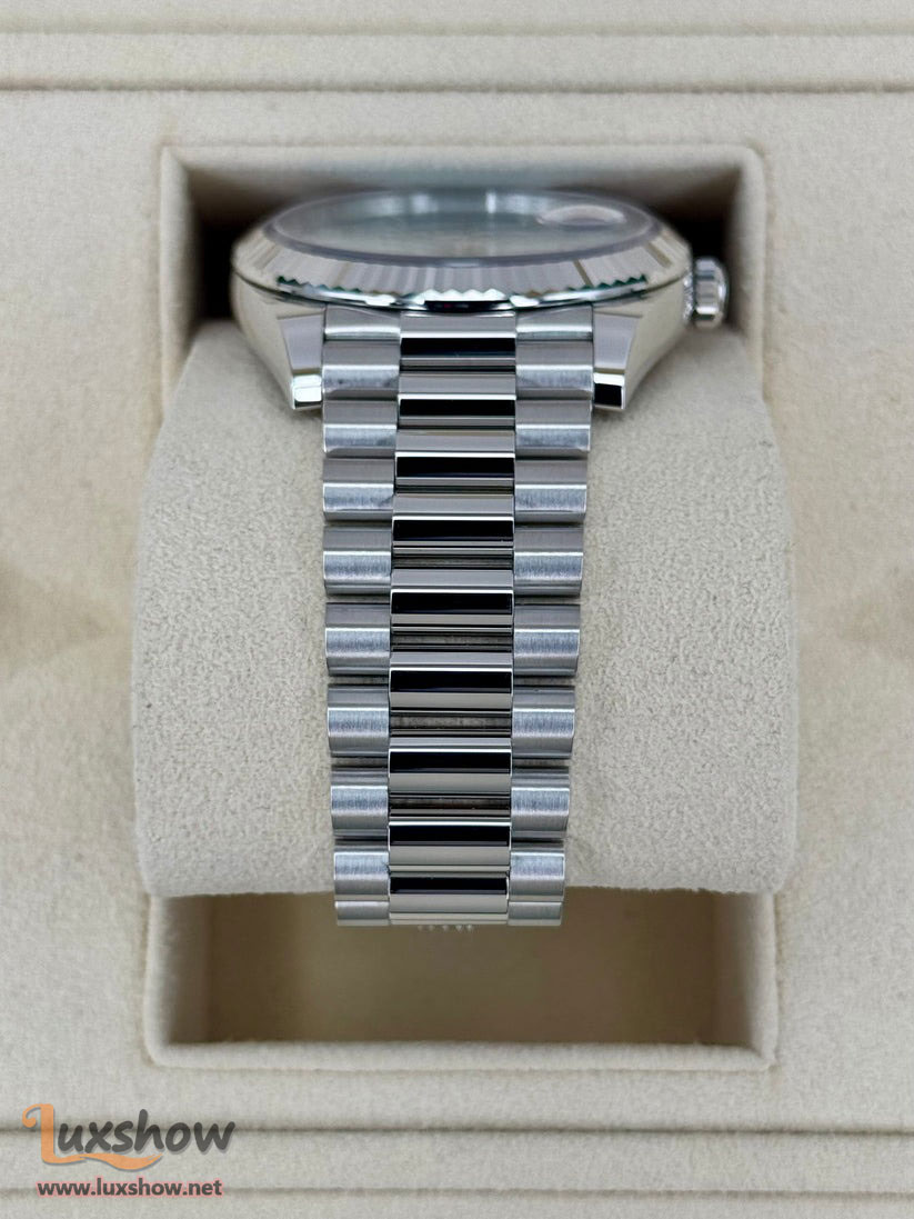 Rolex Day-Date Platinum 40mm 228236 Fluted Bezel President Bracelet Ice Blue Roman Numeral Dial