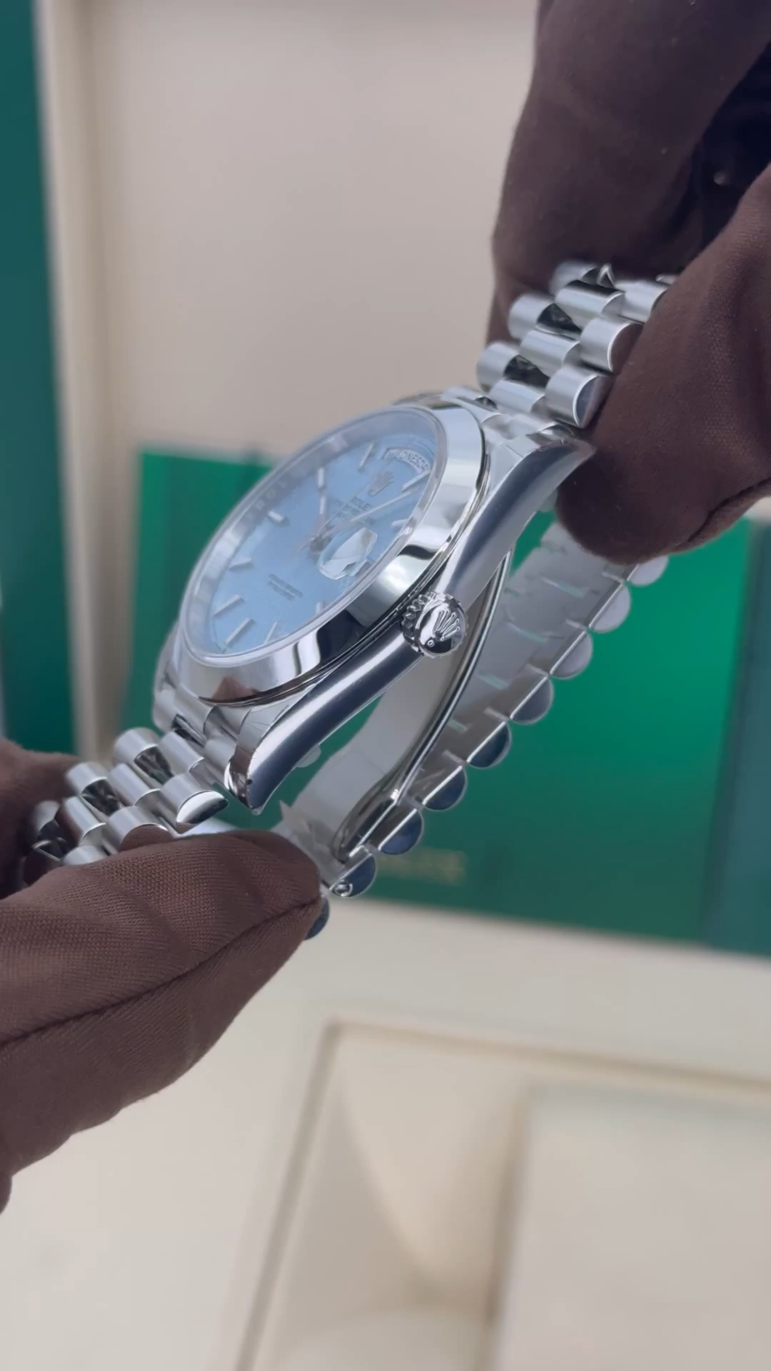 Rolex Day-Date 40mm 228206 with Presidential Bracelet Crafted in Platinum and an Ice Blue Motif Dial