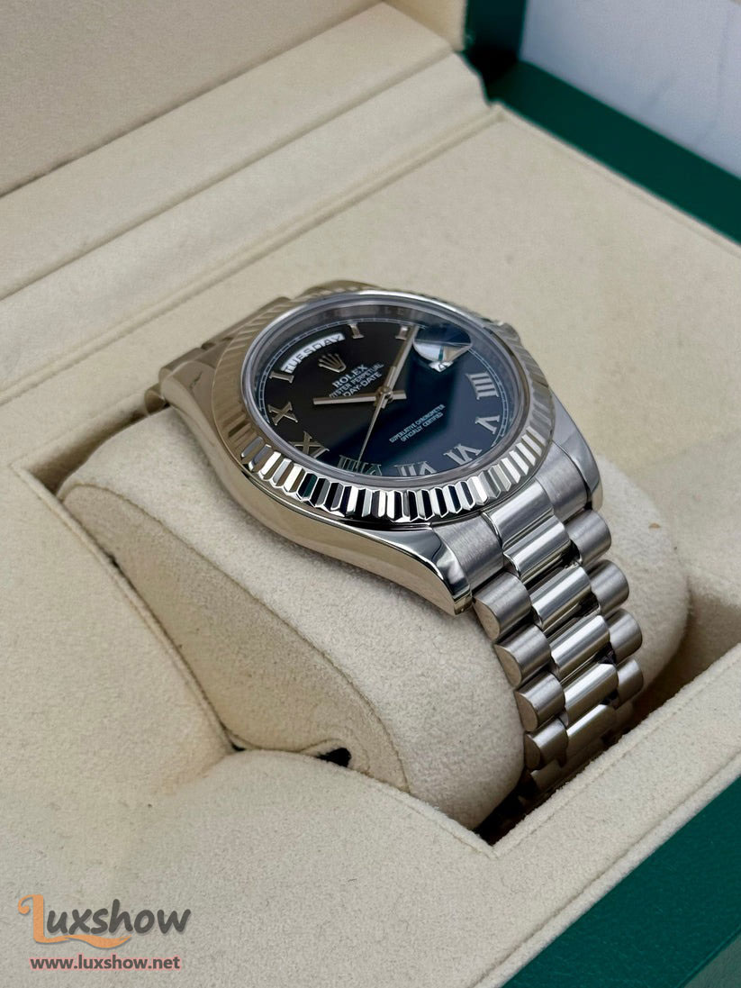 Rolex Day-Date II 41mm 218239 18 kt White Gold with 18kt White Gold Fluted Bezel and Presidential Bracelet with Black Roman Numeral Dial