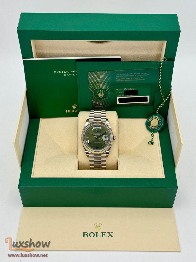 Rolex Day-Date 40mm 228239 White Gold Olive Dial