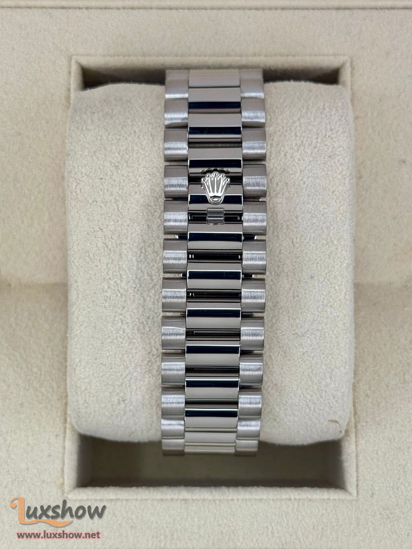 Rolex Day-Date II 41mm 218239 18 kt White Gold with 18kt White Gold Fluted Bezel and Presidential Bracelet with Black Roman Numeral Dial