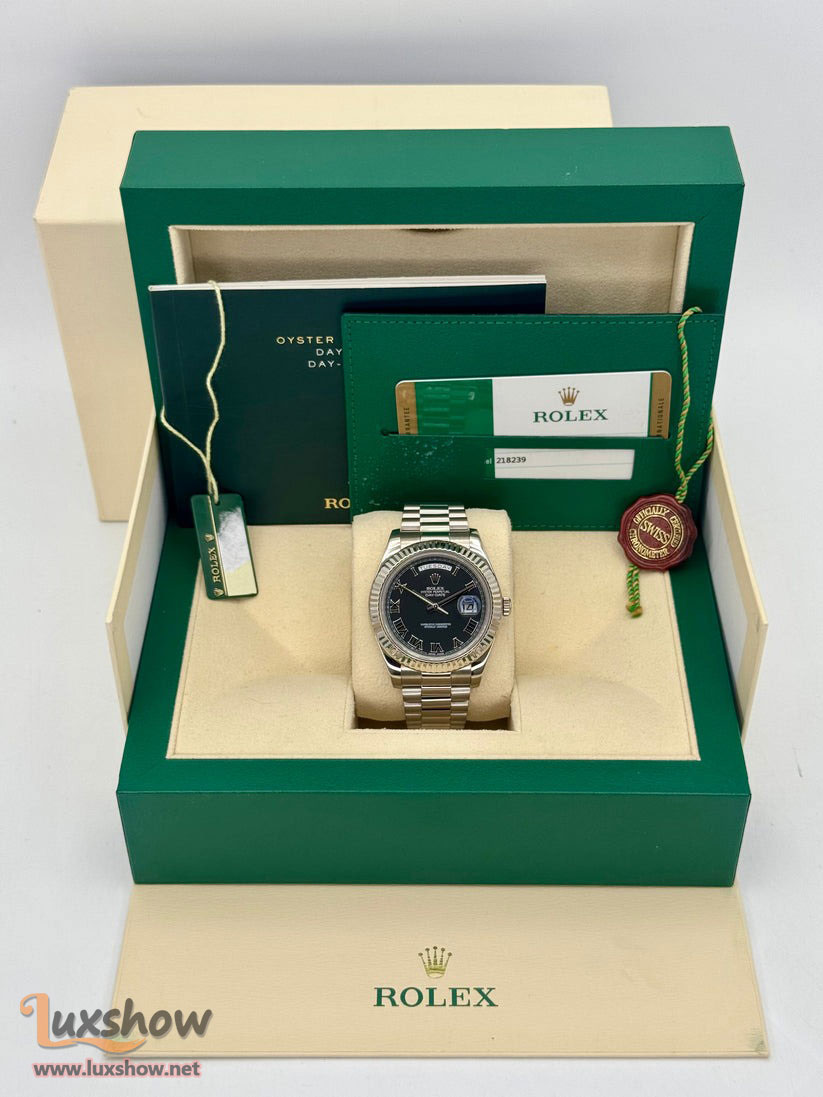Rolex Day-Date II 41mm 218239 18 kt White Gold with 18kt White Gold Fluted Bezel and Presidential Bracelet with Black Roman Numeral Dial