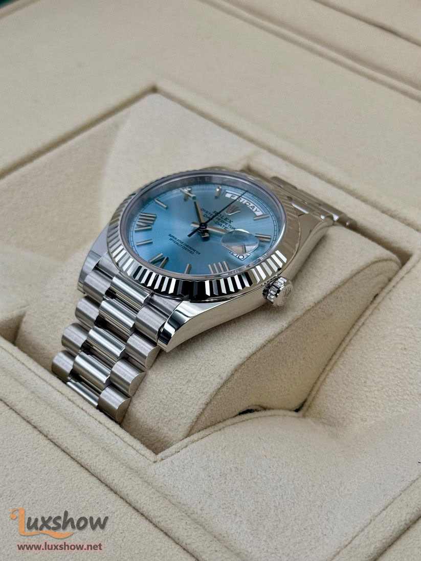Rolex Day-Date Platinum 40mm 228236 Fluted Bezel President Bracelet Ice Blue Roman Numeral Dial
