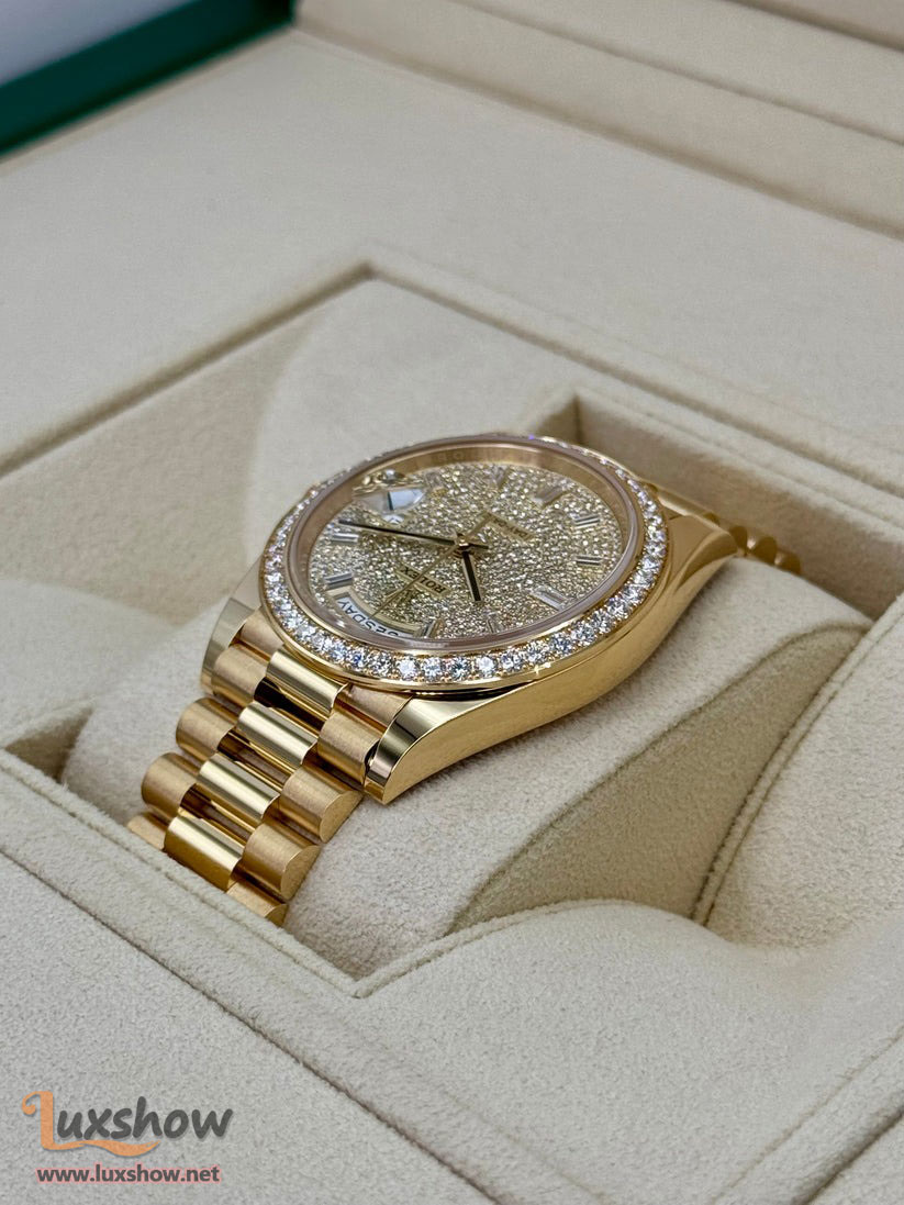 Rolex Day-Date 40mm 228348RBR Presidential Bracelet 18k Yellow Gold with Diamond Set Bezel and Diamond-Paved Dial with 10 baguette-cut diamond hour markers