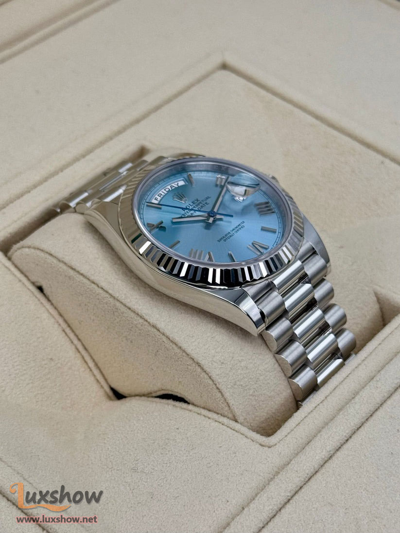 Rolex Day-Date Platinum 40mm 228236 Fluted Bezel President Bracelet Ice Blue Roman Numeral Dial