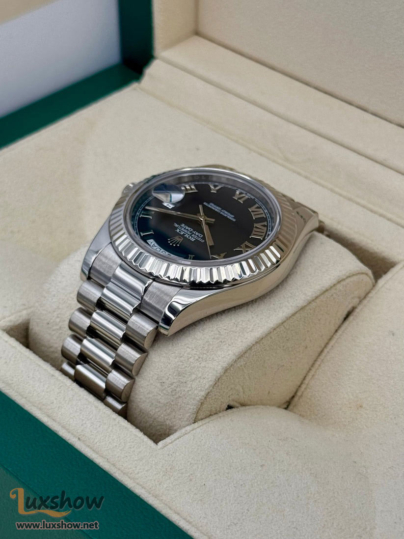 Rolex Day-Date II 41mm 218239 18 kt White Gold with 18kt White Gold Fluted Bezel and Presidential Bracelet with Black Roman Numeral Dial