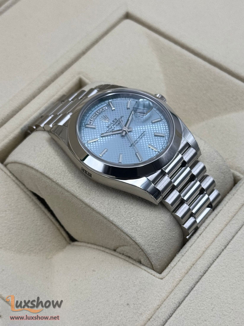 Rolex Day-Date 40mm 228206 with Presidential Bracelet Crafted in Platinum and an Ice Blue Motif Dial