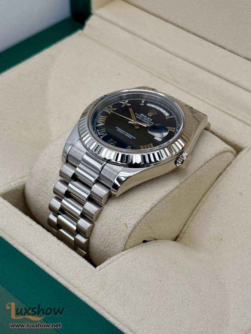 Rolex Day-Date II 41mm 218239 18 kt White Gold with 18kt White Gold Fluted Bezel and Presidential Bracelet with Black Roman Numeral Dial
