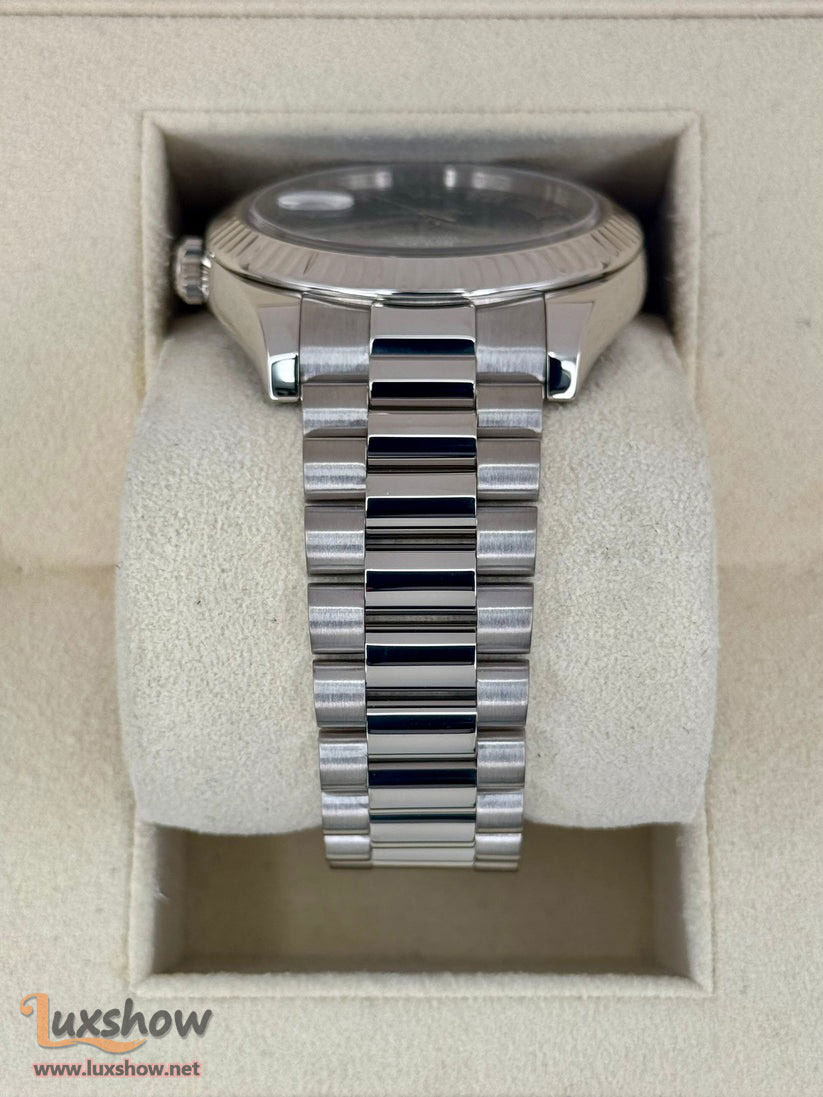Rolex Day-Date II 41mm 218239 18 kt White Gold with 18kt White Gold Fluted Bezel and Presidential Bracelet with Black Roman Numeral Dial
