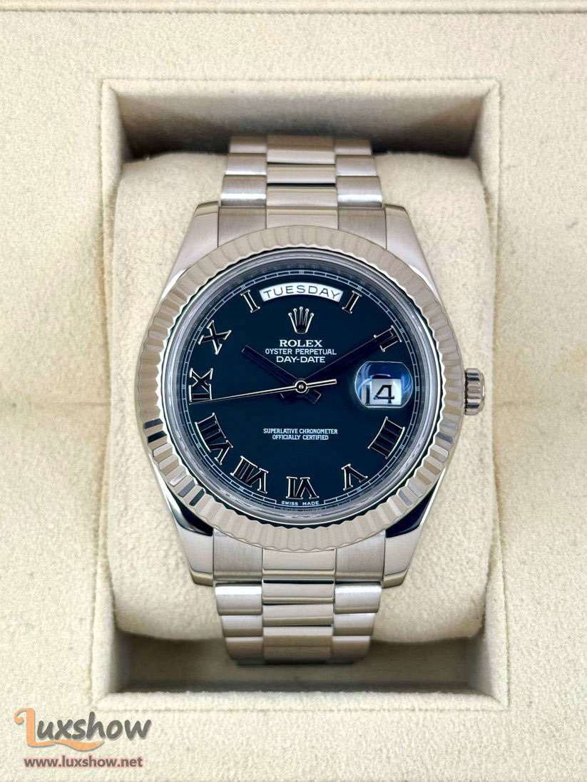 Rolex Day-Date II 41mm 218239 18 kt White Gold with 18kt White Gold Fluted Bezel and Presidential Bracelet with Black Roman Numeral Dial