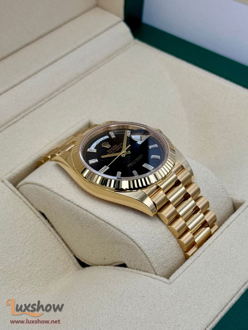 Rolex Day-Date 40mm 228238 Presidential 18kt Yellow Gold Bright Black Diamond Baguette Dial