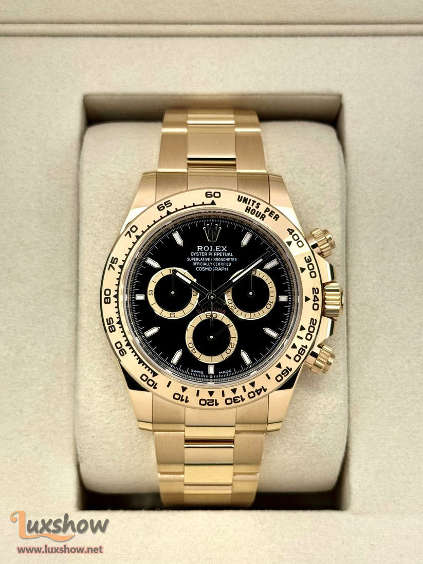 Rolex Cosmograph Daytona 40mm 126508 18kt Yellow Gold Oyster Bracelet a 18kt Yellow Gold Bezel with an Intense Black and Champagne Colour Dial