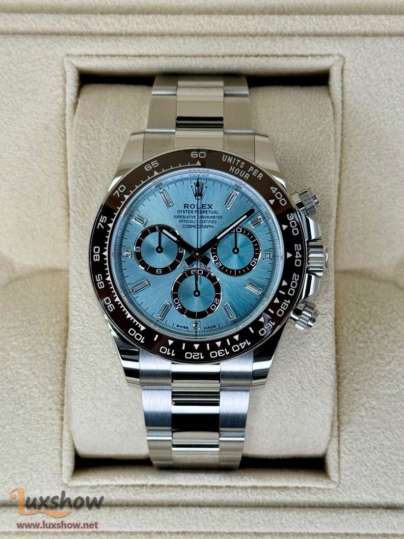 Rolex Cosmograph Daytona 40mm 126506 Platinum Ice-Blue Diamond Baguette Dial Oyster Bracelet