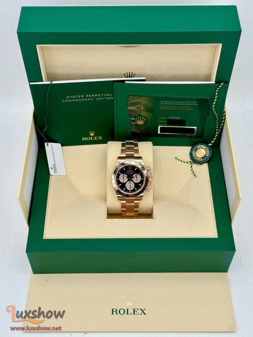 Rolex Cosmograph Daytona 40mm 126505 18k Rose Gold Bright Black Dial Sundust Sub-Dials Oyster Bracelet