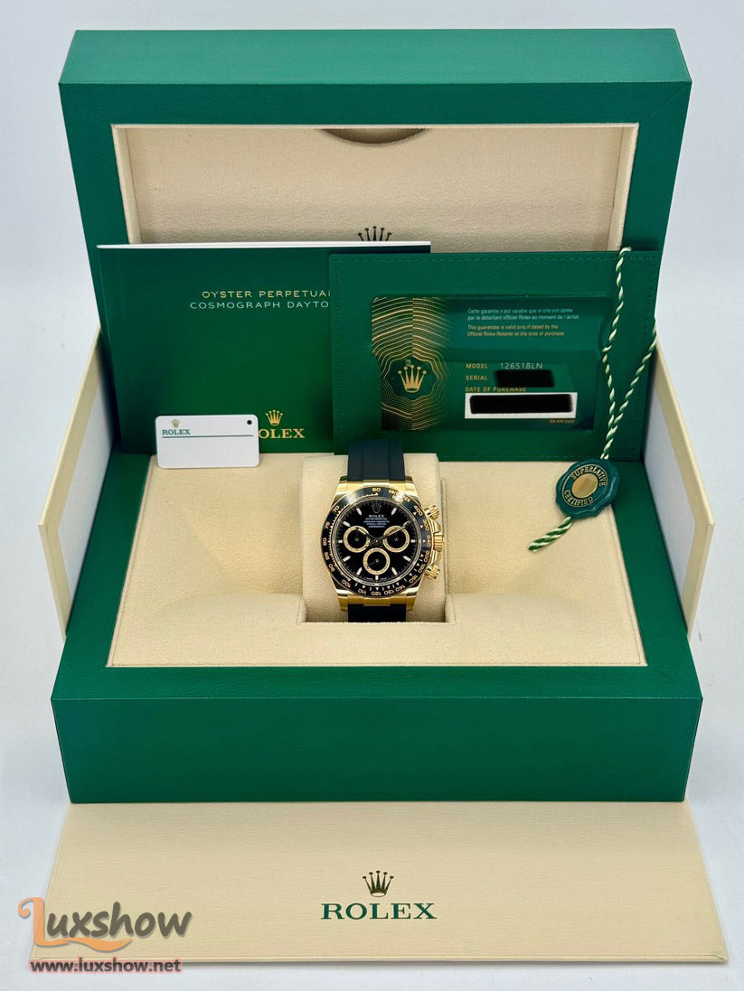 Rolex Cosmograph Daytona 40mm 126518LN 18K Yellow Gold Oysterflex Bracelet Bright Black Dial