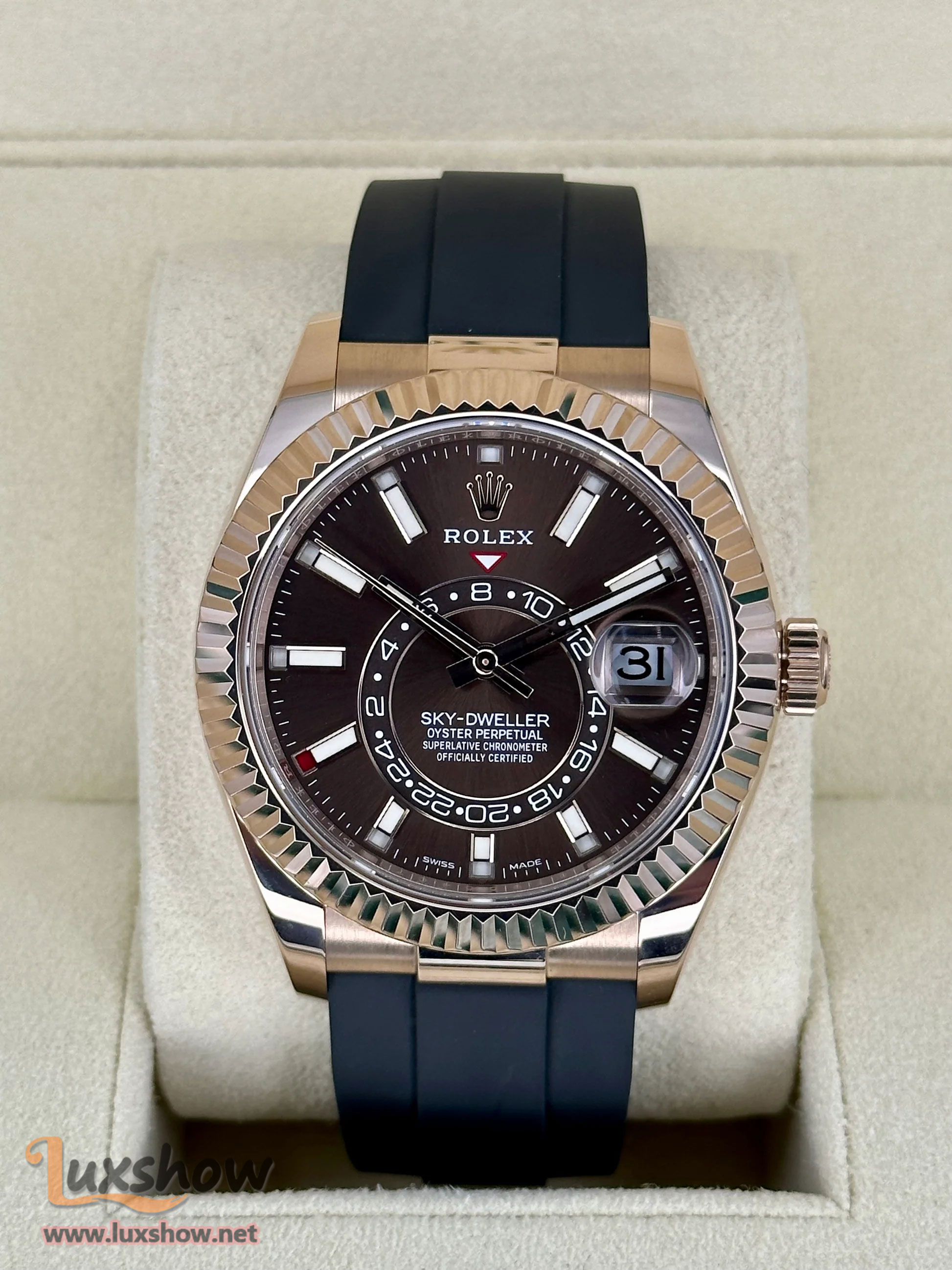 Rolex Sky-Dweller 42mm 326235 Rose Gold Oysterflex Chocolate Dial