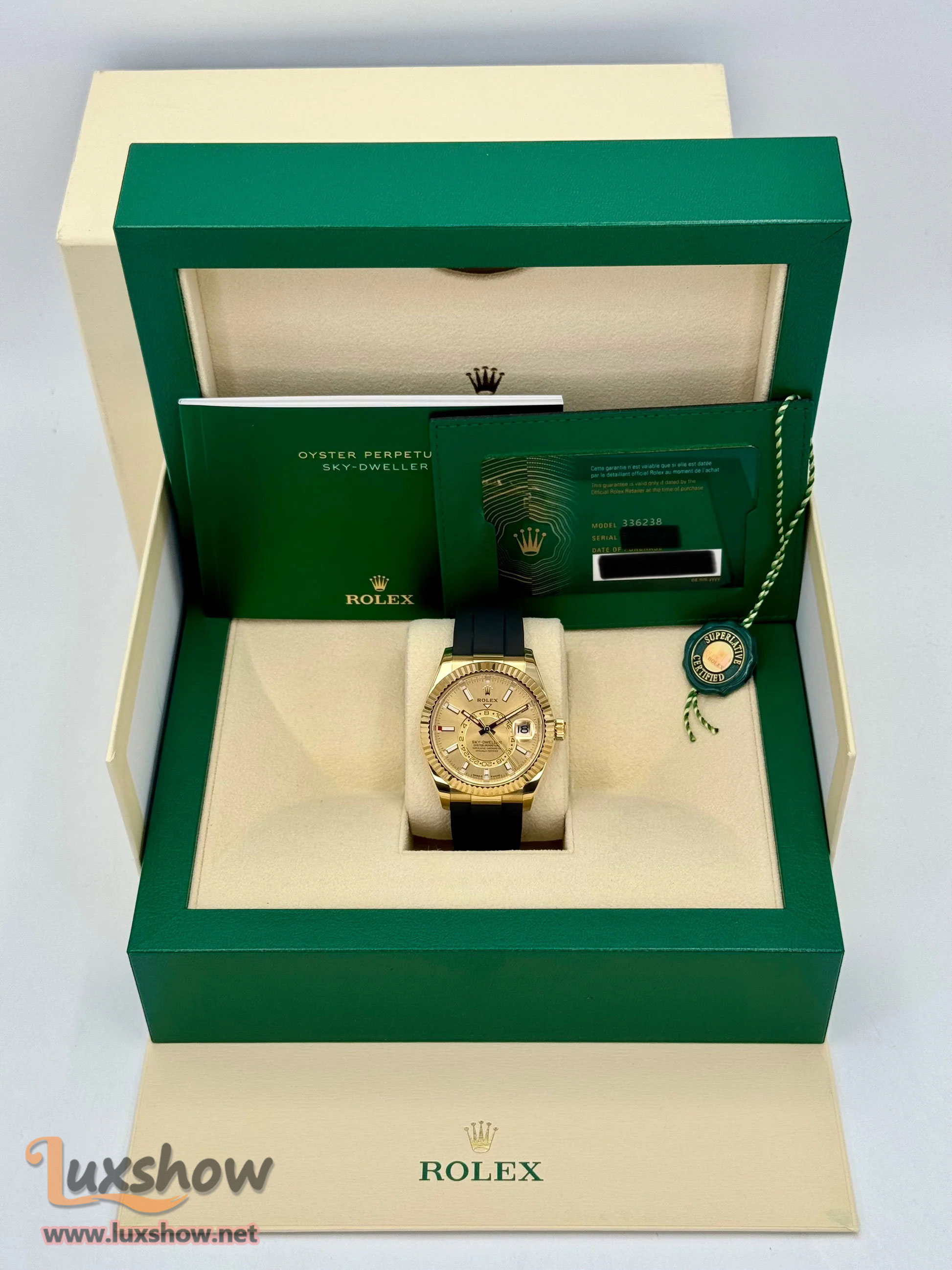 Rolex Sky-Dweller 42mm 336238 Yellow Gold Oysterflex Champagne Dial