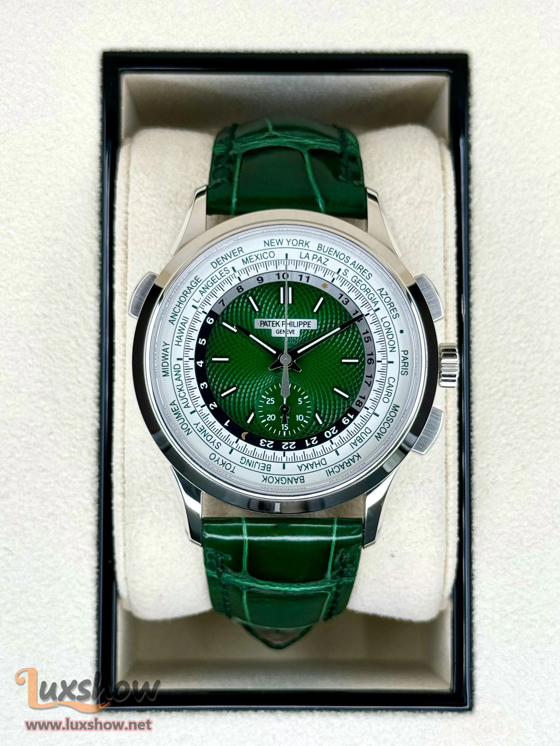 Patek Philippe 5930P World Time Flyback Chronograph Platinum Green Dial