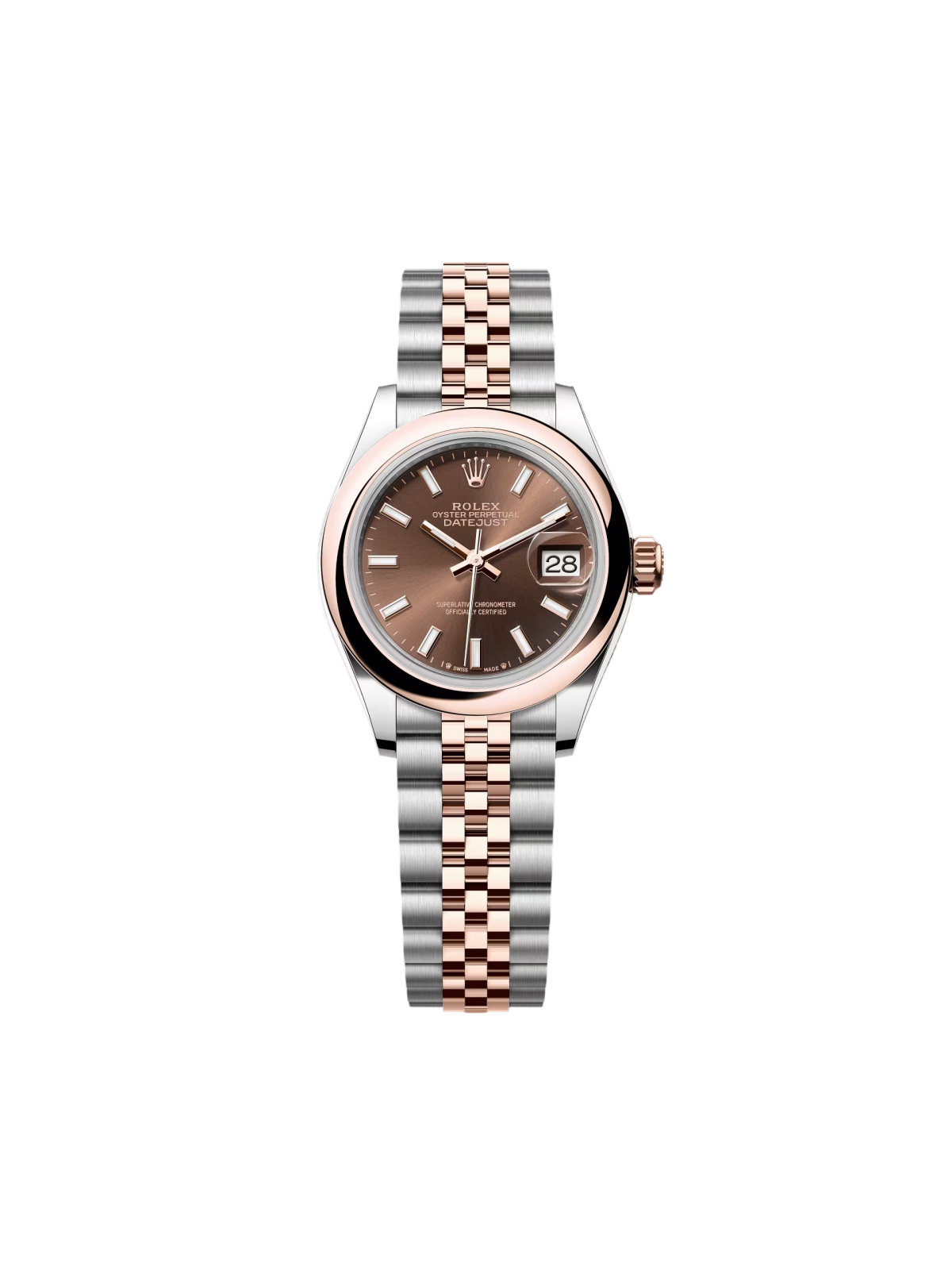 【Super Clone】ROLEX Lady-Datejust 28mm 279161 Chocolate Stick Dial, Two Tone Stainless Steel & 18K Rose Gold Oyster Bracelet Women's Watch
