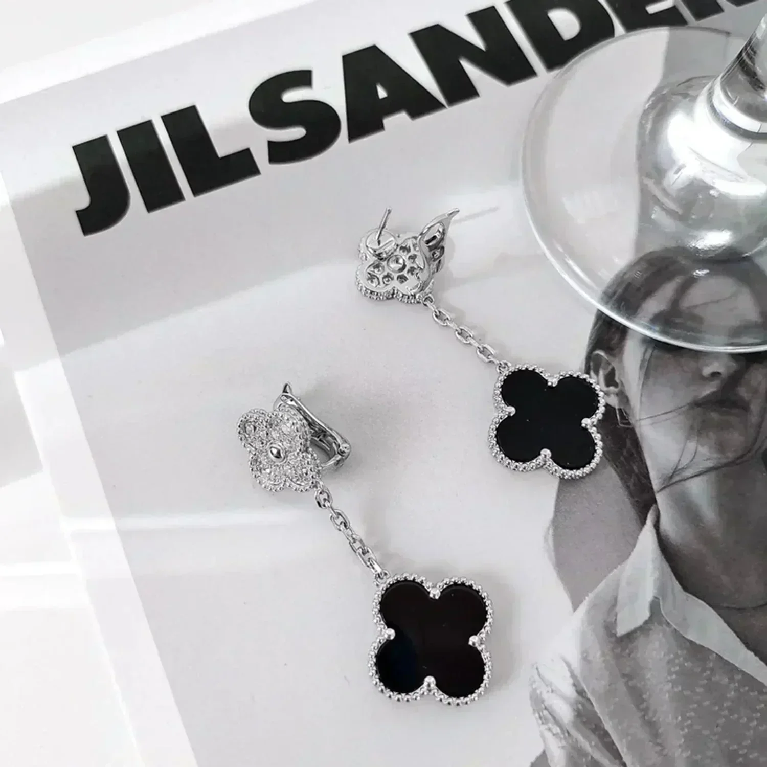 Regalia jewelryCLOVER 2 MOTIFS  DIAMOND ONYX EARRINGS SILVER