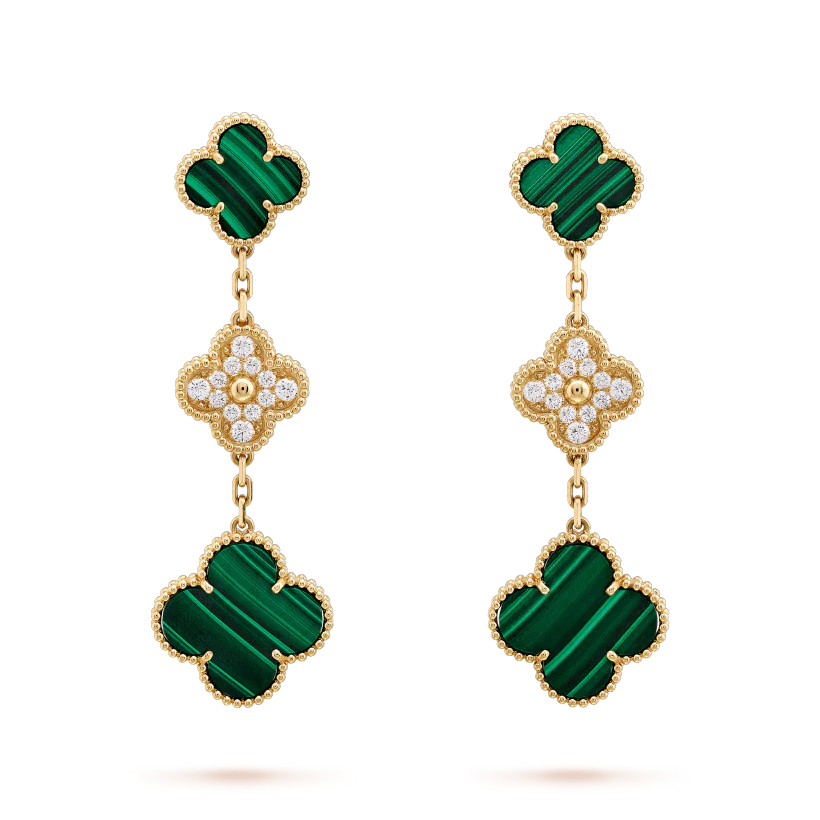Regalia jewelryCLOVER EARRINGS GOLD MALACHITE DIAMOND 3 MOTIF