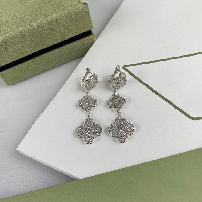 Regalia jewelryCLOVER 3 MOTIF DIAMOND SILVER DROP EARRINGS