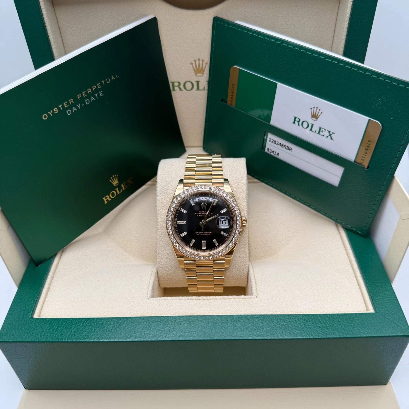 【Super Clone】ROLEX Day-Date 40mm Black Diamond Dial and Diamond Bezel Yellow Gold President Bracelet  228348RBR-0001