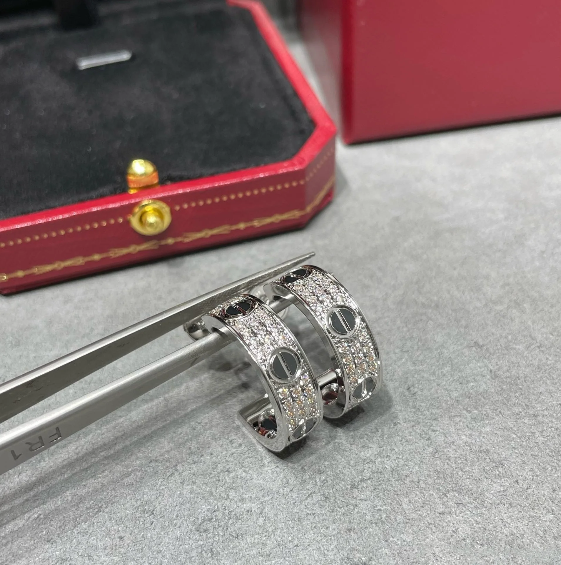 Regalia jewelryLOVE CERAMIC DIAMOND PAVED SILVER EARRINGS