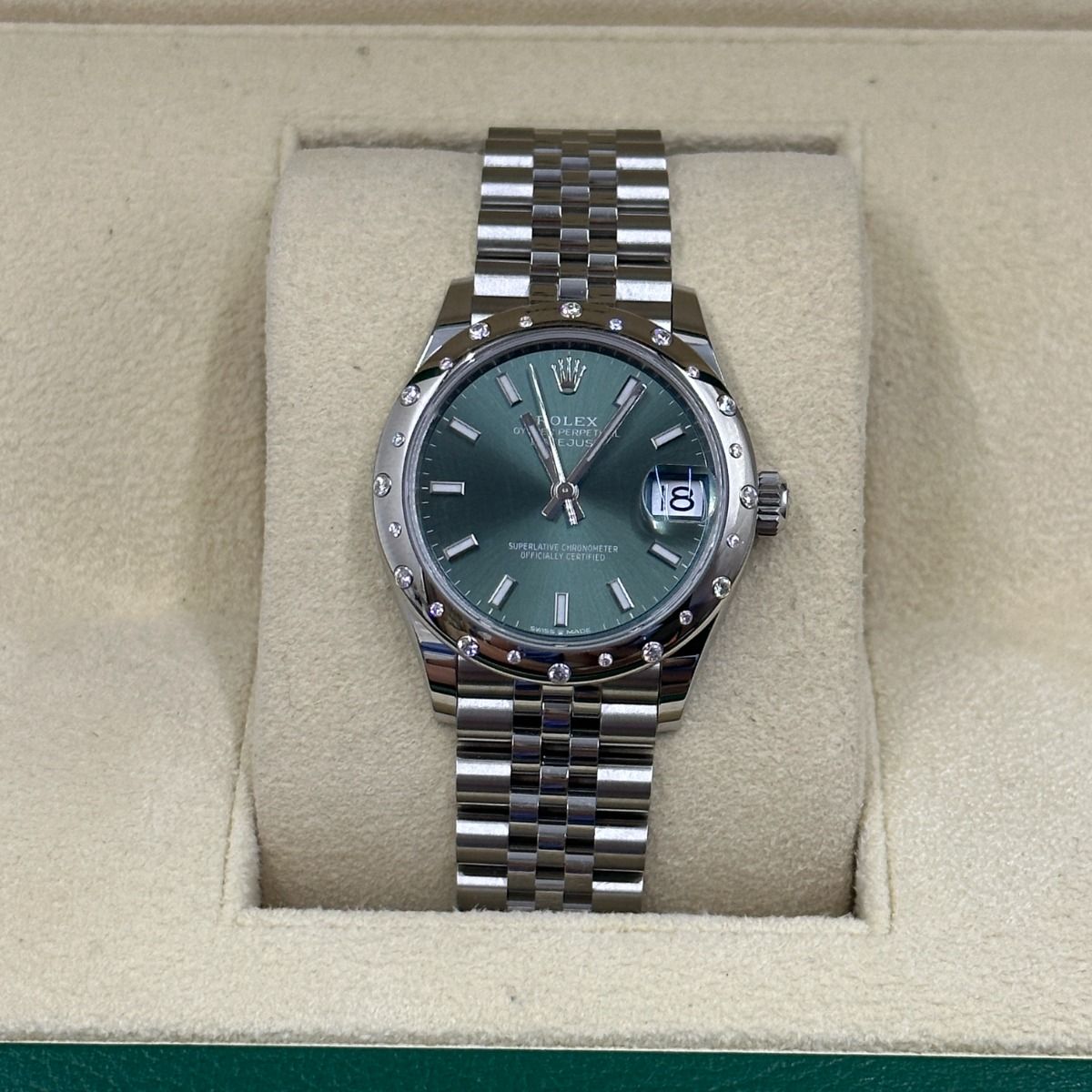 【Super Clone】ROLEX Datejust m278344-0019/0020 Mint Green Dial 31mm Domed Diamond Oyster Watch