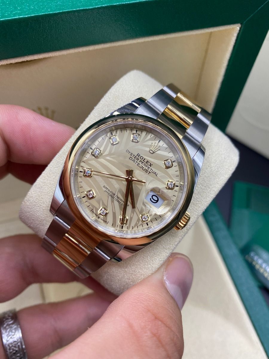 【Super Clone】ROLEX  Datejust 36mm 126203 Golden Palm Dial Domed Bezel Oyster Bracelet