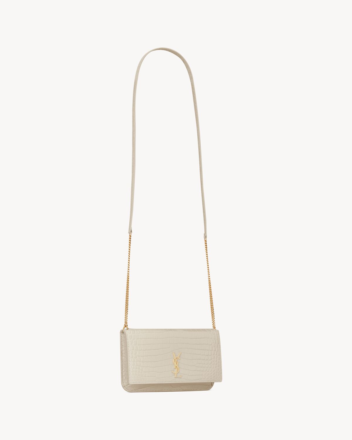 YSL Cassandre Phone Holder in Shiny Crocodile-Embossed Leather