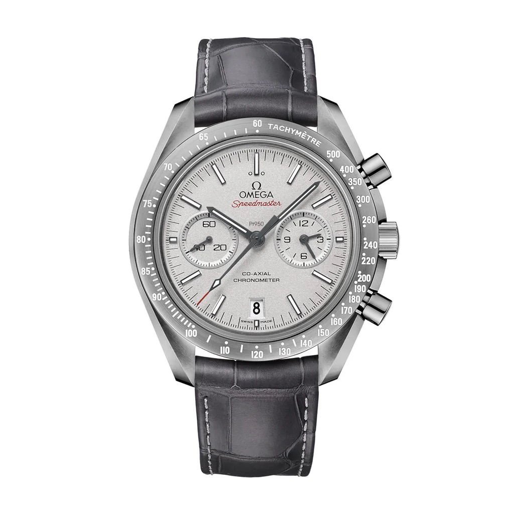 Speedmaster Dark Side of the Moon 44.25 mm, grey ceramic on leather strap with foldover clasp